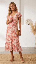 EWM Lovely Style maxi Dress Size 16 Red Pink Floral Flutter Sleeve