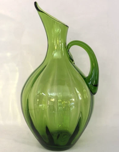 BLENKO GREEN OPTIC GLASS HANDLED 14" PITCHER BY WINSLOW ANDERSON #991