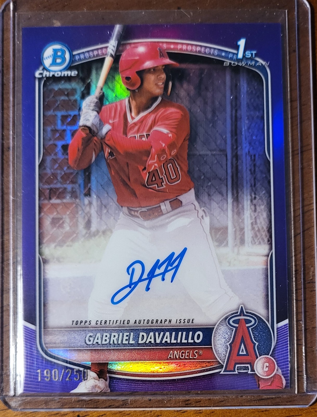 Gabriel Davalillo 2025 1st Bowman Chrome Purple Prospect Auto #/250. On Card
