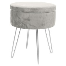 Round Velvet Storage Footstool Ottoman Stool Seat with Silver Legs H45 x D36cm 