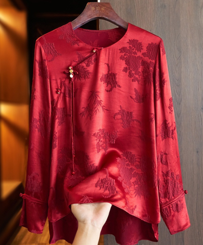 New Women's Silk Satin Buckle Blouse Long Sleeve Floral Tops Chinese Shirt Party - Picture 5 of 17