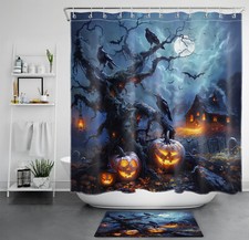 Spooky Skull Dead Tree Halloween Bat Shower Curtain Bathroom Accessories Set