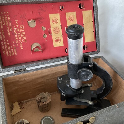 1960's Gilbert Children s Microscope Slides, Bulb, Mirror With Wooden Case Vtg