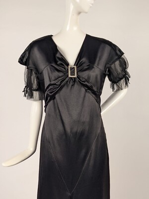 ELEGANT LATE 1920'S BLACK CHINA SILK SATIN DRESS W SHEER TULLE SHORT PUFF SLEEVE | eBay ELEGANT LATE 1920'S BLACK CHINA SILK SATIN DRESS W SHEER TULLE SHORT PUFF SLEEVE | eBay