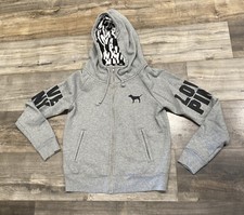 Victoria Secret PINK Zip Up Hoodie Womens size Small Grey with Writing in hood