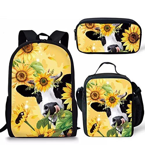 Girls Sunflower Cow Print School Bag 3in1 Kids Backpack Set With Lunch Box And P - Picture 1 of 6