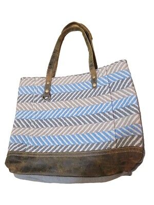 Myra Bag Tic Tac Toe Tote Bag Upcycled Tapestry, Canvas & Cowhide Leather