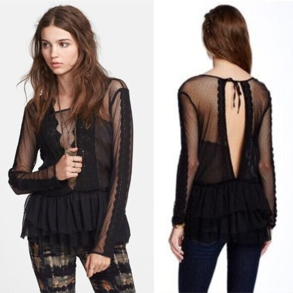 Free People Black Lace Ruffle Keyhole Back Midnight Memories Top | Women's S