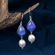 Dual Stone Bello Opal & Pearl 925 Sterling Silver Ear Wire Earrings For Bridal