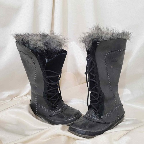 Sorel Cate the Great Black Leather Winter Boots with Faux Fur Trim - Size 8  | eBay