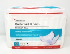 Cardinal Health Quilted Adult Briefs Wings Plus, 12 Count, Medium, 32"- 44" in.