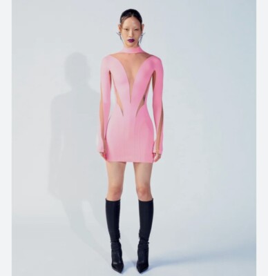 mugler dress pink NWT MUGLER H&M Mesh-Panelled Mini Dress Pink Size M Eur 38