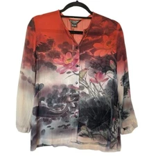 Citron Clothing Japanese Flowers Koi Fish Dyed Cut Silk Blouse Size S Whimsical