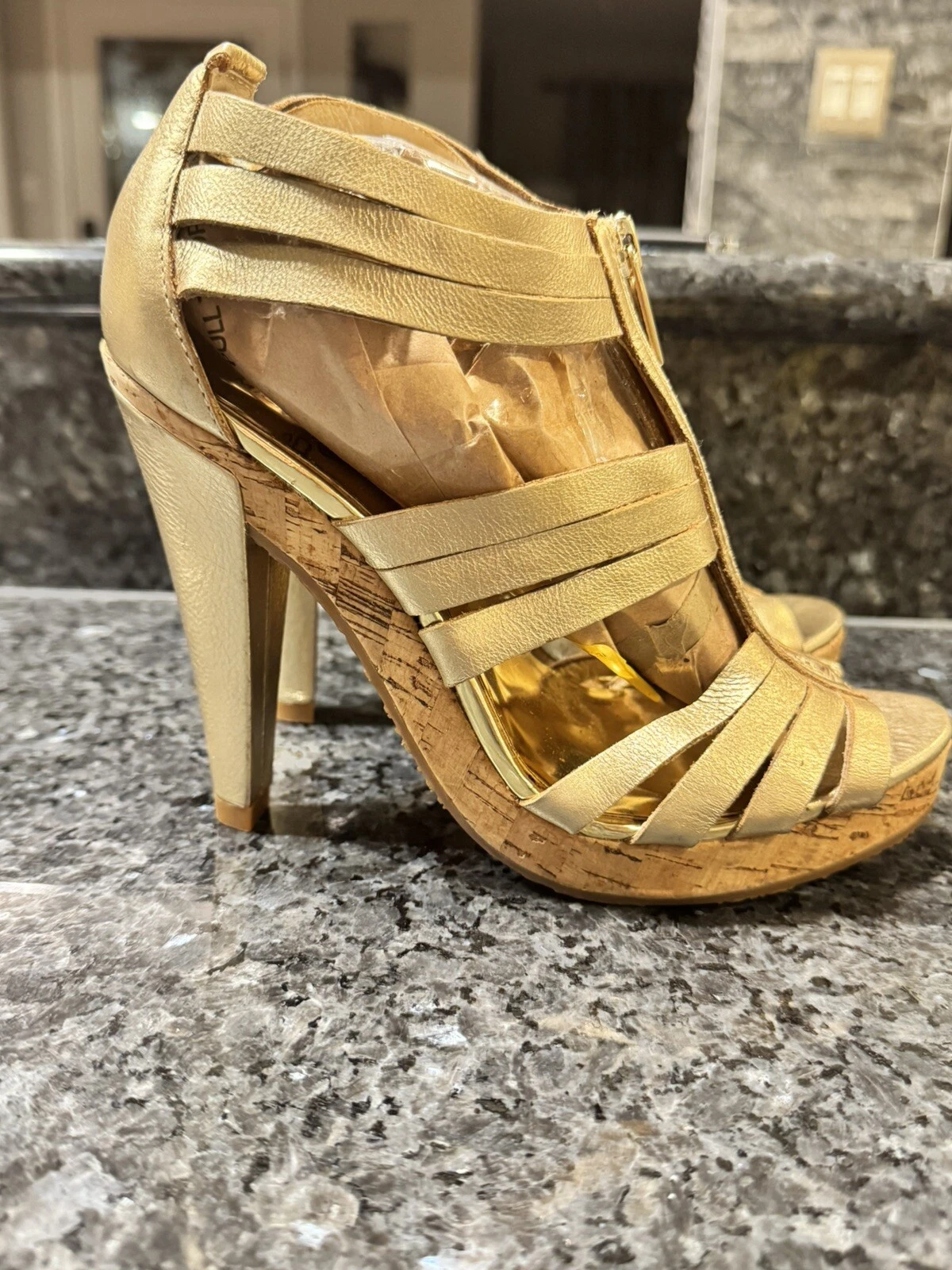 Donna MICHAEL KORS cinturino oro tacco 4 5" cerniera anteriore sughero plateau 6 5