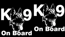 K9 German Shepherd on Board TWO 6" White Vinyl Decal Car Truck Van Camper RV