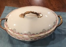 2pc Limoges France Strawbridge Clothier Soup Terrain Bowl Lid Antique 1900 Rose