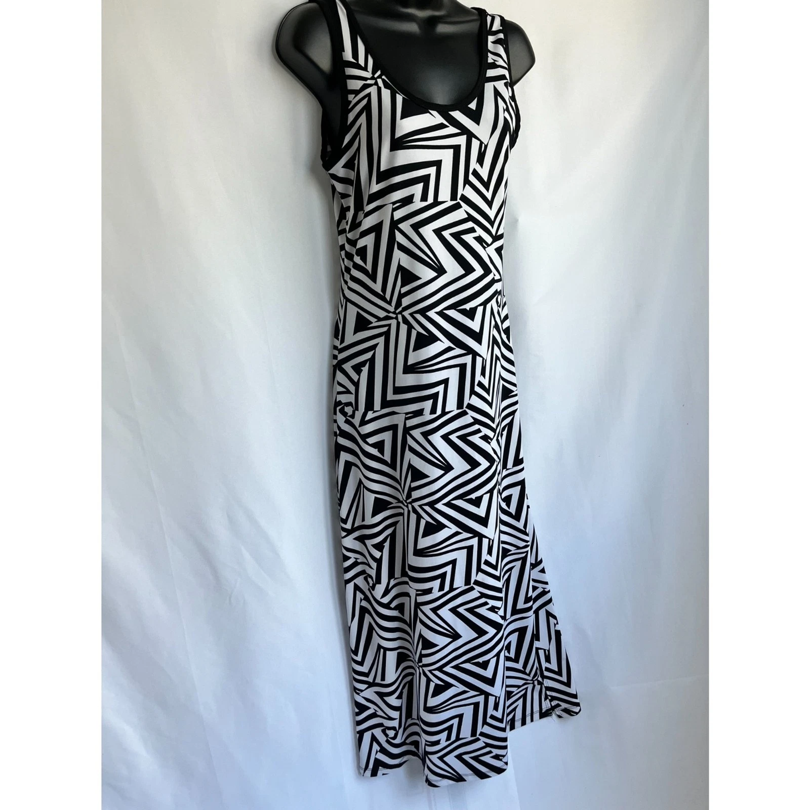 Maxi abito astratto Celine by Champion Y2K taglia M anni 90 retrò bianco e nero floreale