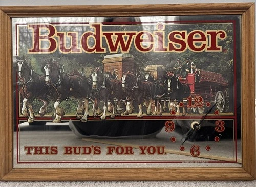 Vintage 80's Budweiser Beer Sign Clock Mirror Clydesdales This Bud's For You Bar