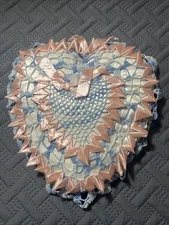 Vintage Crocheted Lace Decorative Heart Pillow Blue w/Pink Ribbons 13x14"