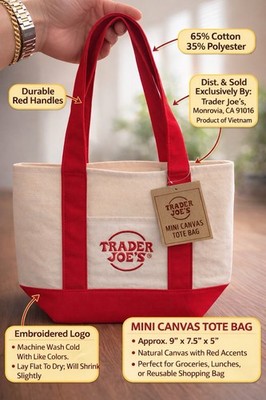 NEW Trader Joe's Mini Canvas Tote Bag Red Handles Embroidered Logo Cotton Canvas