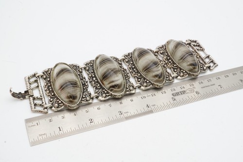 Pulsera Vintage Tono Plata Rayas Cabujón Etrusco 7.5" A1 - Imagen 5 de 8