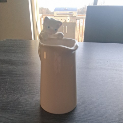 #ad #ad White Ceramic Milk Creamer Pitcher Cat Handle Kitten on Rim $15.00