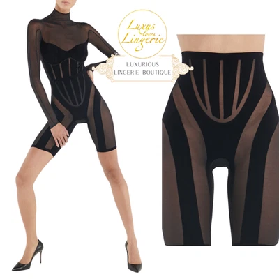 FLOCK SHAPING SHORTS Par Wolford X MUGLER XS Noir Transparent Tulle Hose - Photo 1/3