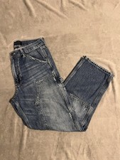 Men's Blue Medium Wash Straight Denim Jeans Cargo Pocket Button Zip Regular