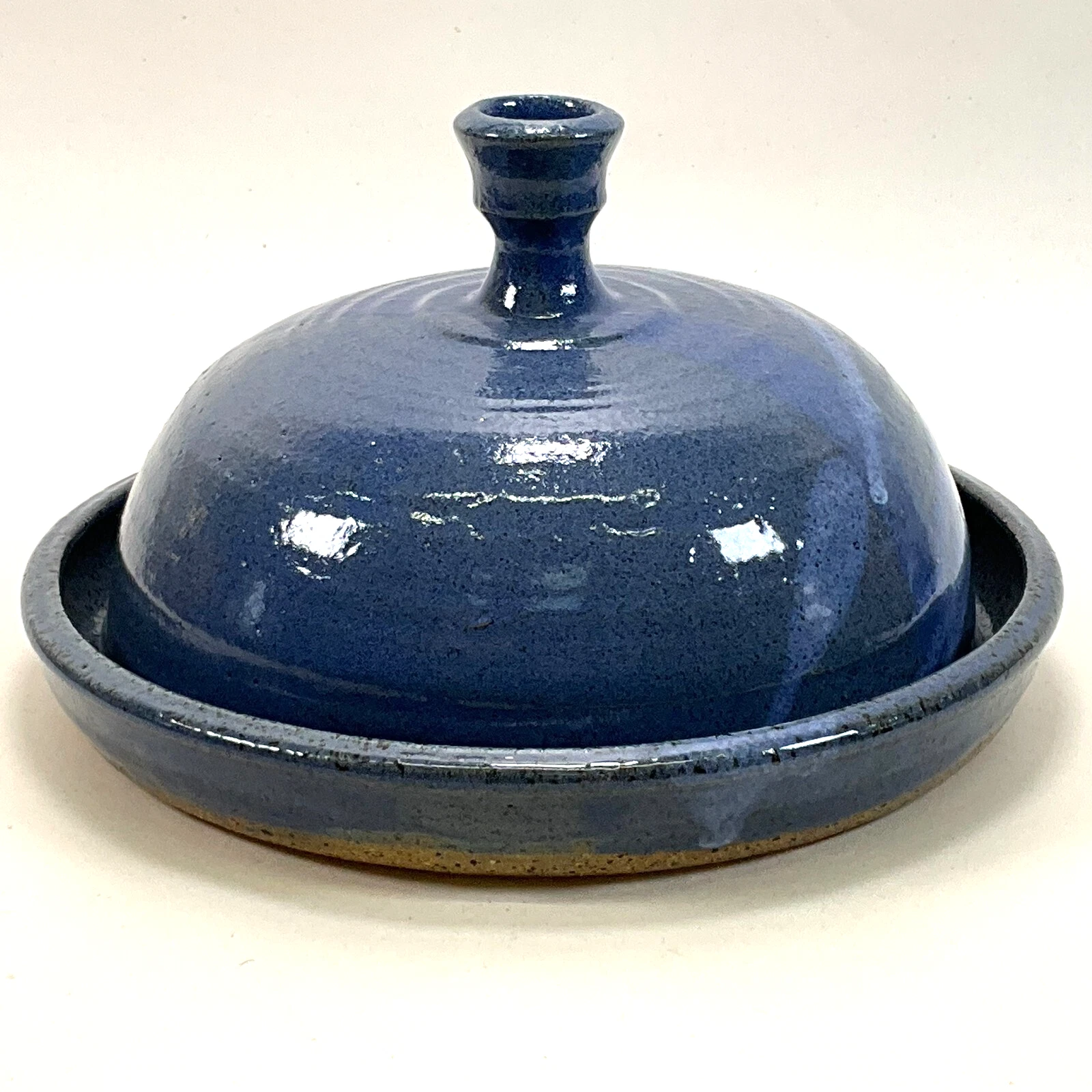 Studio Art Pottery Butter Bell Cheese Dish Blue Glaze Signed 7.5"