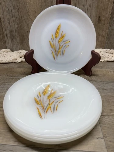 Vintage  FIRE KING 7 1/4"  "Wheat" Pattern Salad Plates Set Of 4 MCM Milk glass