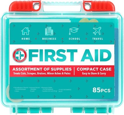 85 Piece First Aid Kit: Clean, Treat, Protect Minor Cuts, Scrapes. Home, Office