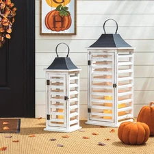 Glitzhome Farmhouse Wood Metal Candle Lanterns Tall Vintage Wash White 