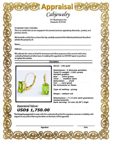 GENUINE 2.82 Cts PERIDOT EARRINGS 14k Yellow Gold - LEVER BACKS- Free Appraisal - Picture 6 of 6