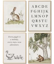 Nursery Gallery Wall Art Animal Canvas Prints Vintage Rustic Poster Set for K...