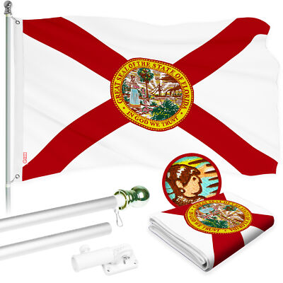 G128 Combo: 5 Ft Flagpole Silver & Florida FL State Flag 2.5x4 Ft Embr 210D Poly