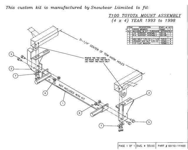 SNOWBEAR Snow Plow Mount Kit Toyota T100 9398 65110 for sale online