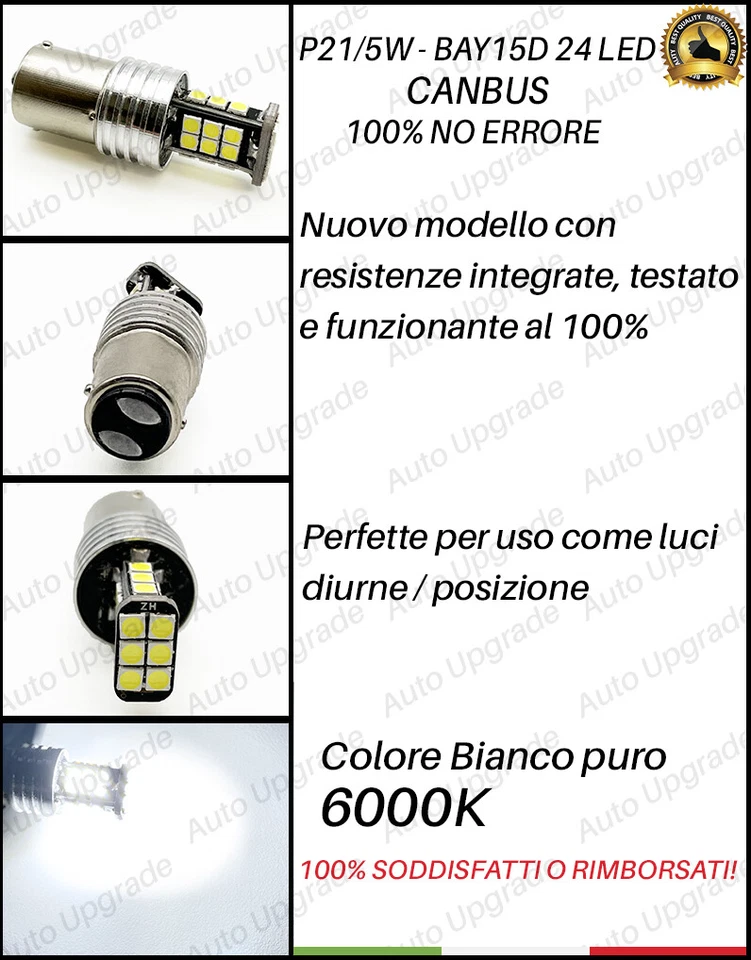 COPPIA LAMPADE DIURNE POSIZIONE DRL 24 LED BAY15D PER FIAT PANDA 3 HYBRID 6000K - Immagine 2 di 3