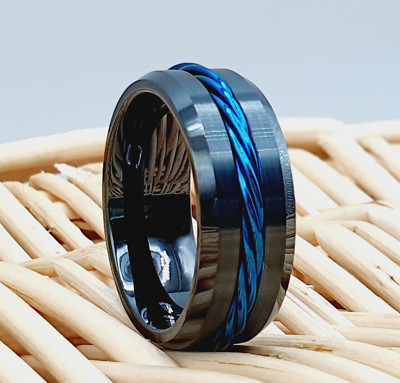 Engraved Black Tungsten Wedding Ring Blue Rope Twisted Inlay for Him & Her