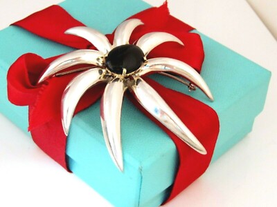 Tiffany & Co Silver 18K Gold Fireworks Firework Burst Sunflower Onyx Brooch Pin
