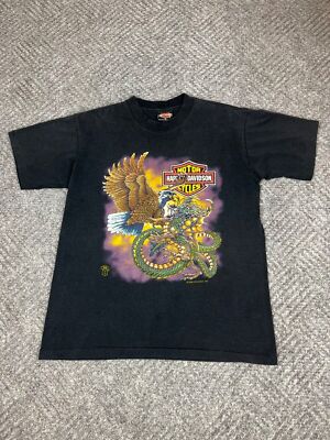 Vintage 80s Harley Davidson Eagle vs Dragon T Shirt Adult Large Black Faded Mens