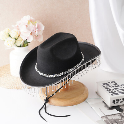 Rhinestone Chain Pendant Tassel Cowboy Hat Western Jazz_Rock Girl Carnival  Cap