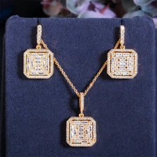 Yellow Gold Plated Square Charm Pendant Necklace and Earrings Zircon Jewelry Set