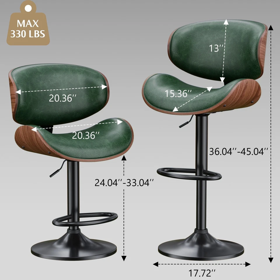 1pc Bar Stool Bentwood Counter Chair Adjustable Swivel Faux Leather Green - Image 2 of 4