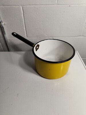 Mustard Yellow Enamelware Sauce Pot Black Tim & Handle White Interior Primitive 