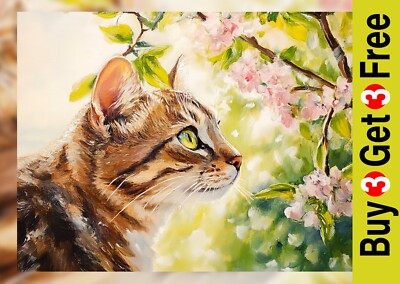 Frühling Tabby Katze 5''x7'' Druck auf mattem Papier | Blüten & Schnurrhaare Gartenkunst