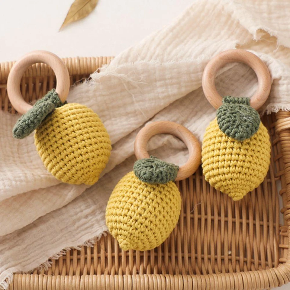 Lemon Crochet Toys Wood &Cotton Fruit Teether Music Rattle Baby Infant Mobile - Image 2 of 4