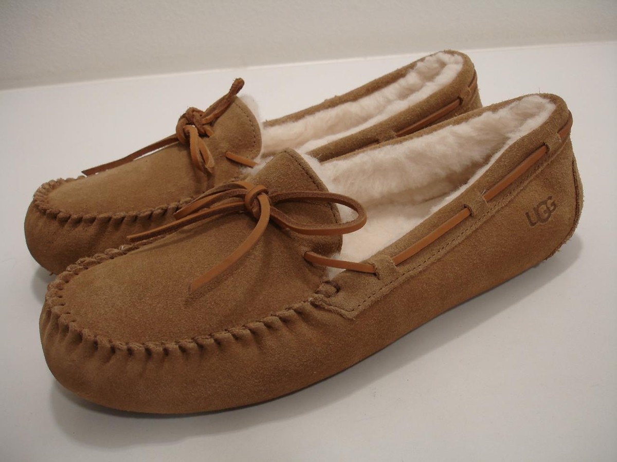 Men's sz M UGG Olsen Chestnut Tan Suede Slippers Sheepskin Shearling Fur  Lined