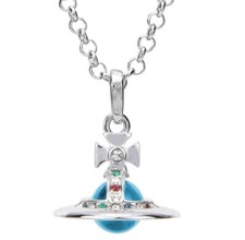 Vivienne Westwood Silver Medium 3D Aqua Blue Orb Charm Pendent Necklace