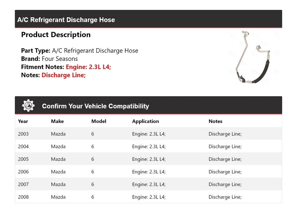 Manguera de descarga de refrigerante aire acondicionado L4 2,3 L 2003-2008 Mazda 6 4 estaciones 2004 2005 Foto 2 de 4