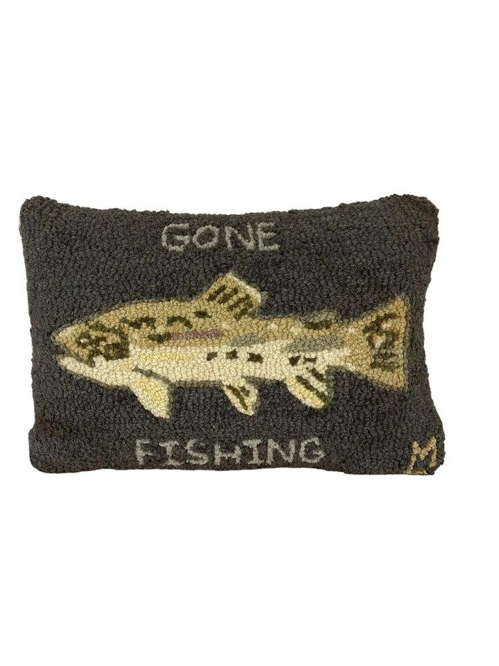 Rare chandler 4 corners pillow Gone Fishing 18X12” 100% Wool Hand Crafted Art - Image 2 of 4